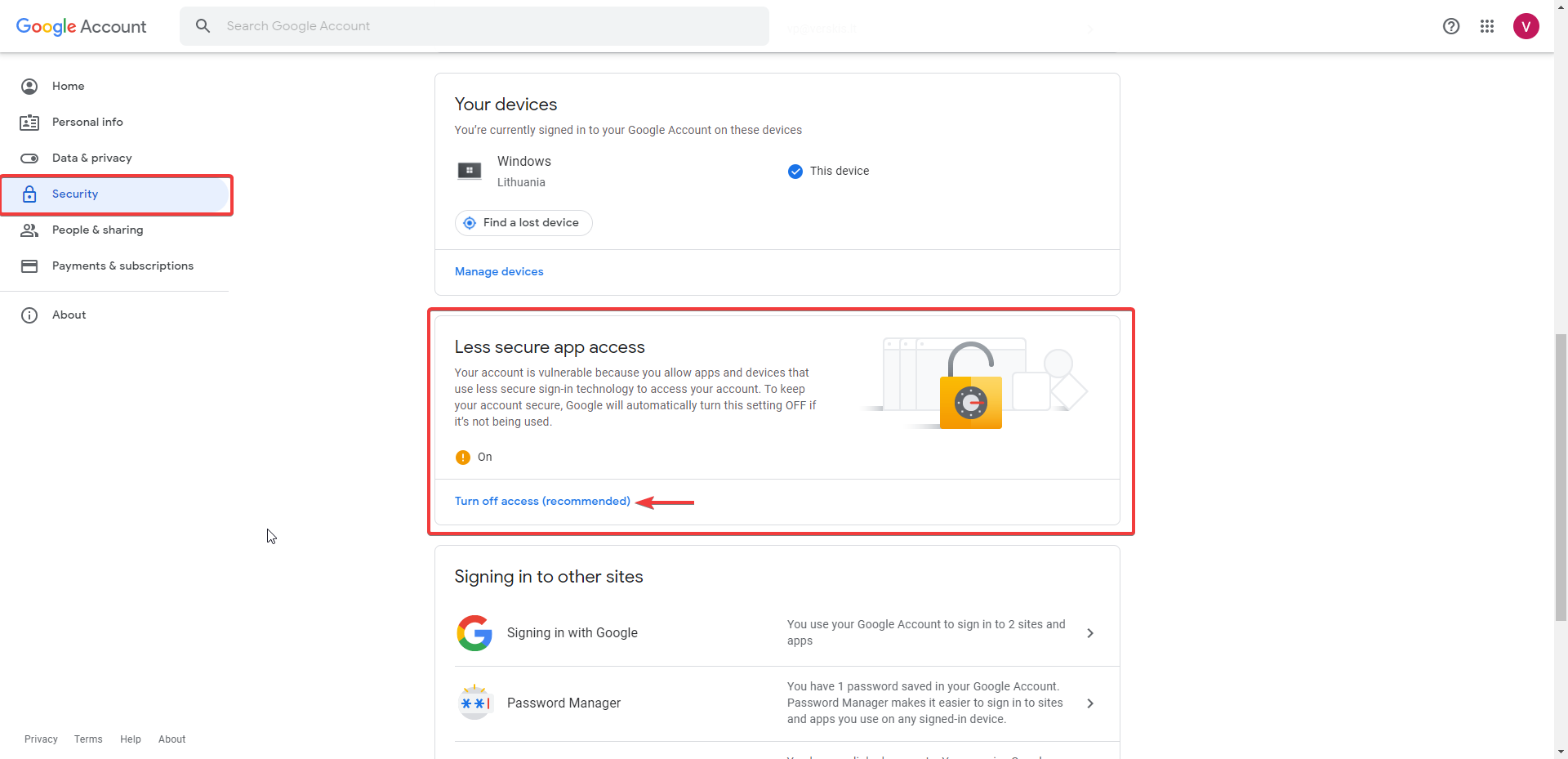 Gmail security nustatymai
